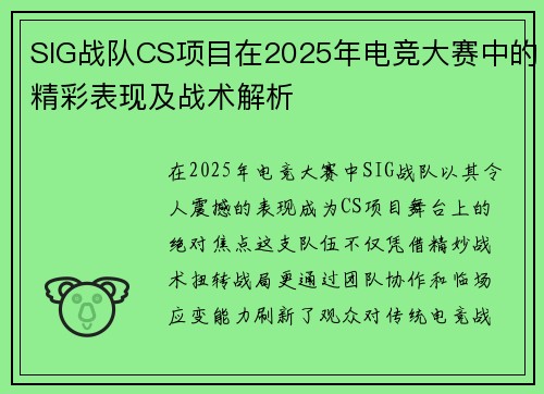 SIG战队CS项目在2025年电竞大赛中的精彩表现及战术解析